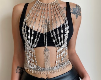 Silver Plated Handmade Bohemian Body Necklace Woman Body Chain Belly Dance Oriental Bib Necklace Boho Jewelry