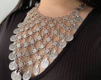 Silver Ottoman Bib Necklace Vintage Inspired Elegant Necklace South Western Jewelry