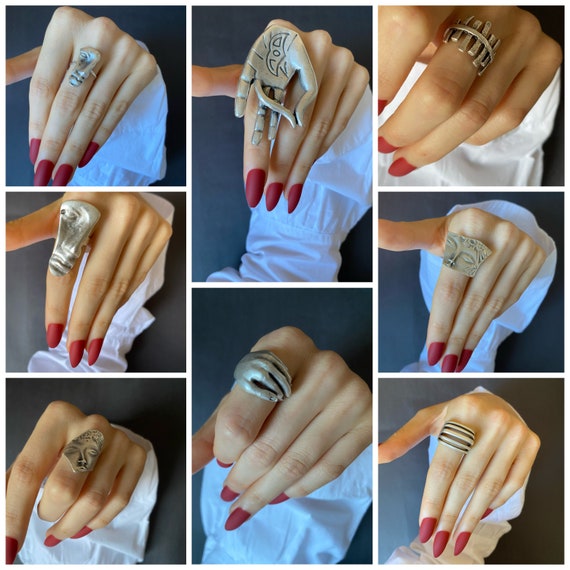 Silver Silhouette Face Ring Adjustable Hand Ring Full Finger Ring