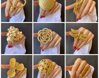 Large Adjustable Gold Statement Rings: Giraffe, Heart, Dragonfly Design - Boho Hippie Style Full Finger Ring