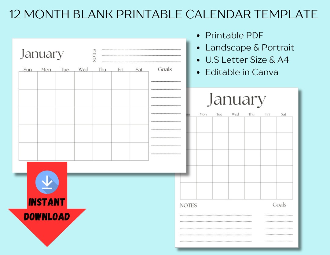 12 Month Blank Calendar, Printable Template, Minimalist/simplistic ...