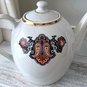 Vintage porcelain large teapot &quot;Uzbek&quot; with ethnic pattern by Riga Porcelain Factory