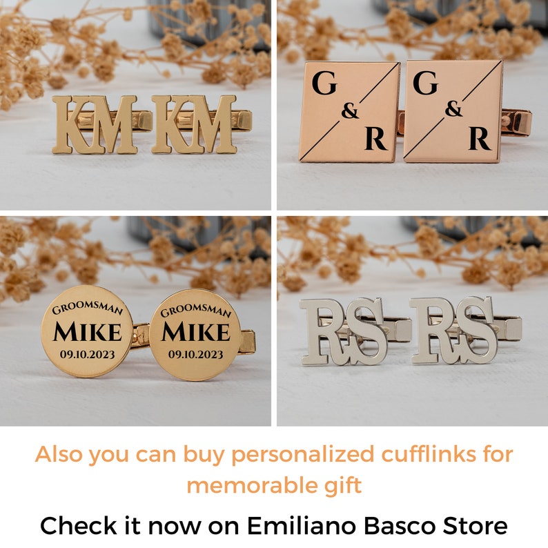 May include: Four pairs of gold and silver cufflinks with different designs. The cufflinks feature initials, dates, and the word "Groomman".