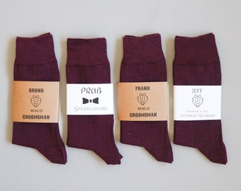 Burgundy Groomsman Socks, Modern Ribbed Dress Socks, Groomsmen Proposal Socks, Personalized Label Wedding Socks, Father of the Groom Socks