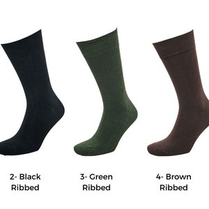 May include: Five pairs of ribbed socks in different colors: smoked, black, green, brown, and navy.