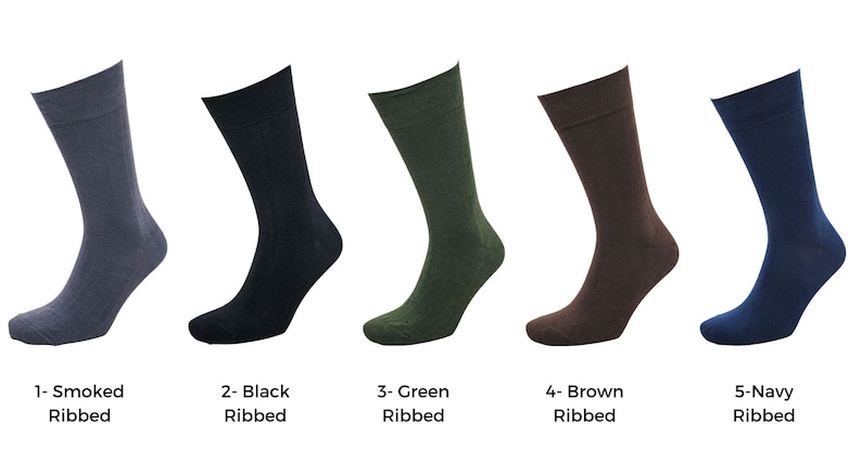 May include: Five pairs of ribbed socks in different colors: smoked, black, green, brown, and navy.