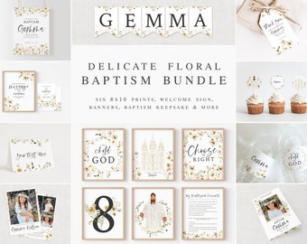 May include: A digital printable bundle for a baptism celebration. The bundle includes six 8x10 prints, a welcome sign, banners, a baptism keepsake, and more. The design features a delicate floral pattern with a white background and gold accents. The text "GEMMA" is featured on a banner.
