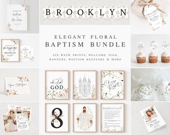 May include: Elegant floral baptism bundle with six 8x10 prints, welcome sign, banners, baptism keepsake and more. The bundle includes a welcome sign, a banner with the name Brooklyn, a sign that says "Please leave a message for Brooklyn", a sign that says "I am a child of God", a sign that says "Choose the right", a sign with the number 8, a sign with a picture of Jesus, a sign with a picture of the Salt Lake Temple, a sign with a list of baptismal covenants, a card with the text "Your text here", a card with the text "Baptism of Brooklyn", a cupcake topper that says "Child of God", a cupcake topper that says "Brooklyn", a cupcake topper that says "Choose the right", a water bottle wrapper that says "Child of God", and a tag that says "Thank you for celebrating Brooklyn's baptism".