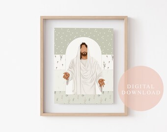 Peut inclure: Téléchargement numérique d'une impression d'art imprimable représentant une illustration minimaliste de Jésus en robe blanche, debout dans une arche avec un fond à motifs floraux vert et blanc.