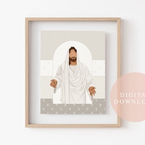May include: Digital download of a printable art print featuring a beige and white illustration of Jesus in a white robe with his arms outstretched. The background is a beige and white geometric pattern.