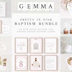 Può includere: Un pacchetto di battesimo stampabile rosa e bianco con il nome Gemma. Il pacchetto include sei stampe 8x10, un cartello di benvenuto, striscioni, un ricordo di battesimo e altro ancora.