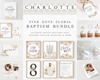 May include: Pink and gold floral baptism printable bundle with six 8x10 prints, welcome sign, banners, baptism keepsake and more. The bundle includes a welcome sign, a message board, a baptism keepsake, a temple print, a choose the right print, a child of God print, a baptism ceremony print, and a number 8 print. The bundle also includes a banner with the name Charlotte.