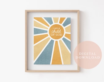 I am a Child of God, Digital Download, Blue, Gold, Primary Song Wall Art, LDS, Printable, Kids Room Decor, Nursery Print, Wall Poster