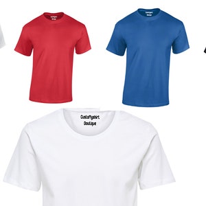 May include: Five plain t-shirts in different colors: gray, red, blue, black, and white. The shirts are all short-sleeved and have a crew neck.