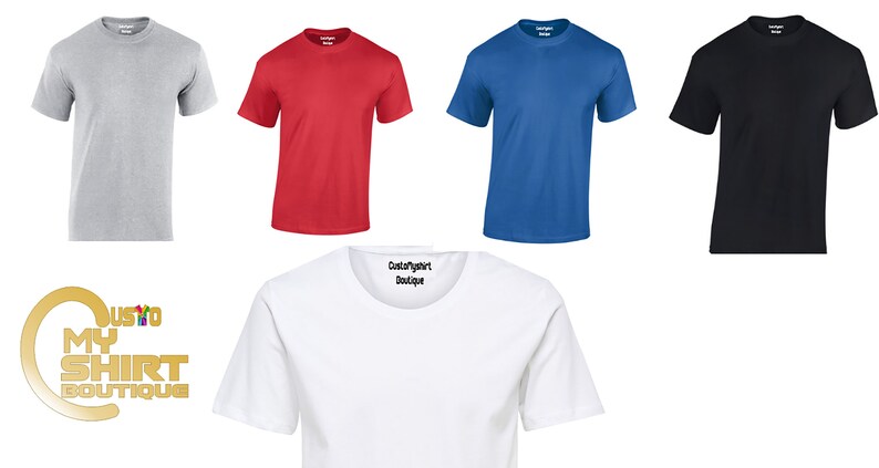 May include: Five plain t-shirts in different colors: gray, red, blue, black, and white. The shirts are all short-sleeved and have a crew neck.