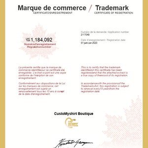 May include: A Canadian trademark certificate for "CustoMyshirt Boutique" with the registration number 1,184,092. The certificate was issued on June 7, 2023.