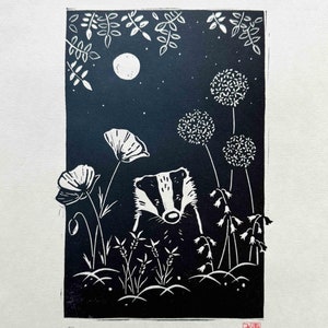 Night Garden Badger Print in Payne’s Grey. Original linocut, urban wildlife inspired wall art