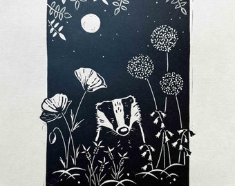 Night Garden Badger Print in Payne’s Grey. Original linocut, urban wildlife inspired wall art
