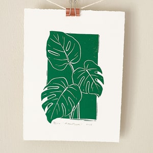 Monstera Linocut Print: Handmade Green Swiss Cheese Plant Art