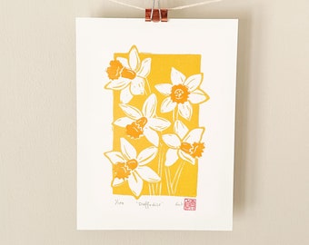 Daffodils print - Original wall art, Botanical floral linocut print, March Birth Flower gift