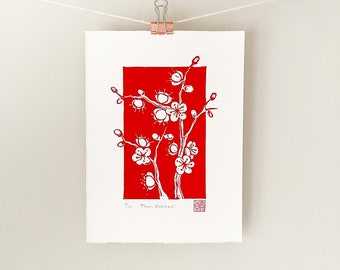 Blossom Print - Original linocut print of plum blossom, botanical wall art, red floral print