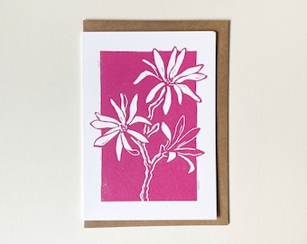 Magnolia card - Botanical art card printed from my linocut artwork, blank inside greeting card with kraft envelope