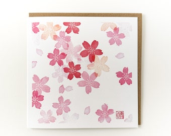 Sakura Cherry Blossoms card - Botanical art card printed from my block print art work, blank inside greeting card with kraft envelope