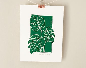 Monstera leaves print - Original linocut print, Tropical leaves, botanical wall art, hand printed in beautiful Green