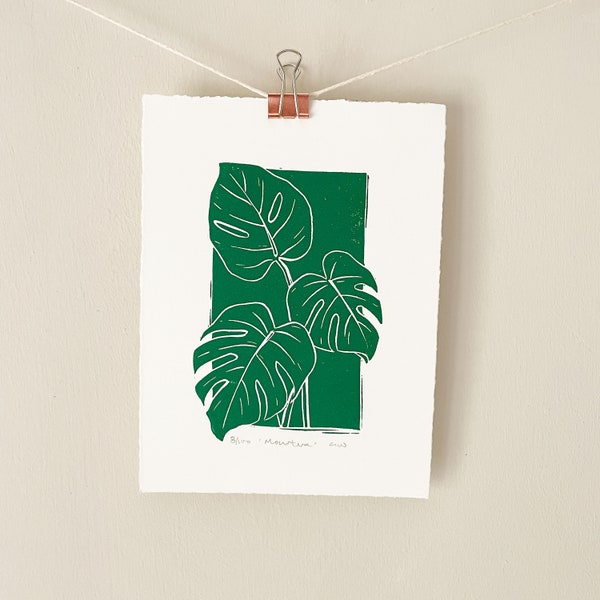 Monstera leaves print - Original linocut print, Tropical leaves, botanical wall art, hand printed in beautiful Green