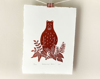 Botanical Bear Linocut Print: Hand-Printed Wall Art