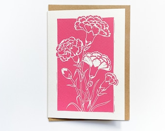 Carnation flowers card - Pink botanical art card printed from my linocut artwork, blank inside greeting card with kraft envelope