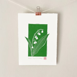 Lily of the Valley print Original art, Botanical floral linocut wall art image 1