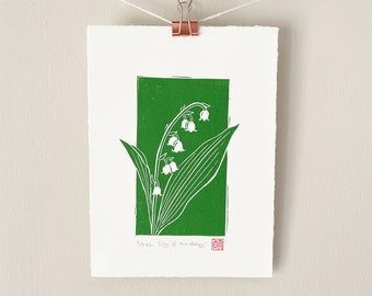 Impression de muguet - oeuvre d'art originale, art mural linogravure floral botanique