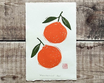 Mandarin Oranges Linocut Print – Handprinted Original Art