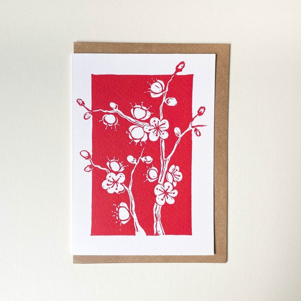 Tarjeta de flor - Tarjeta de arte botánico impresa a partir de mi obra de arte linocut, tarjeta de felicitación interior en blanco con sobre kraft