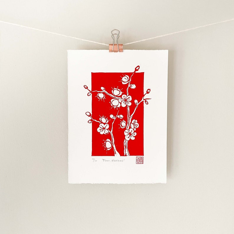 Blossom Print Original linocut print of plum blossom, botanical wall art, red floral print image 1