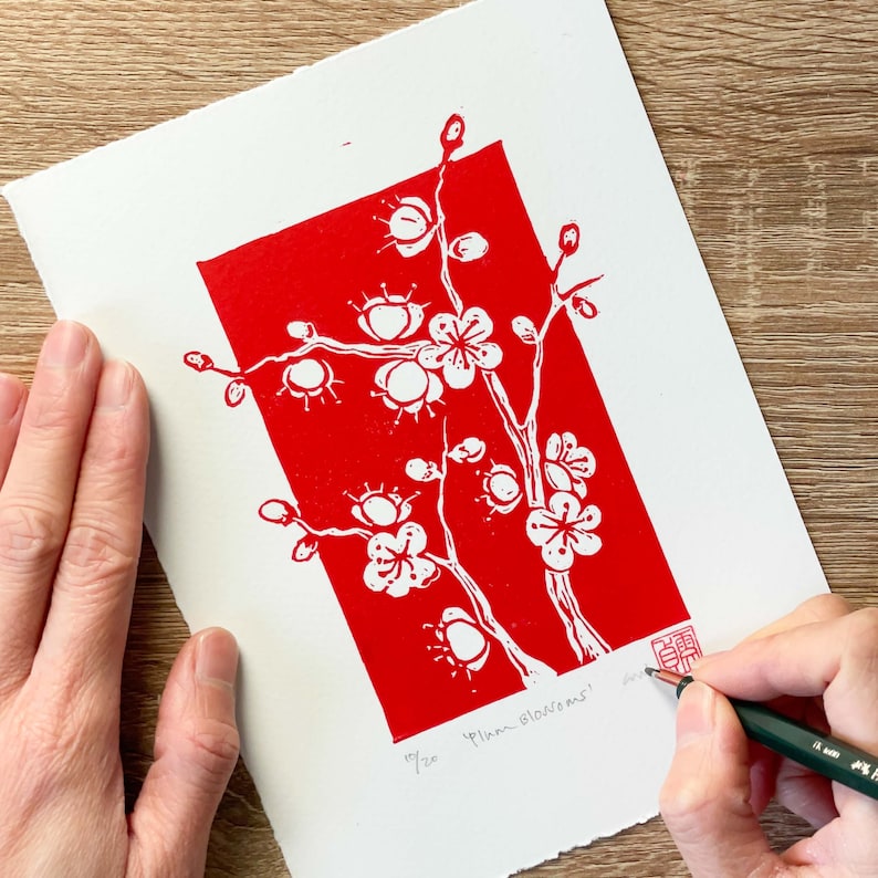 Blossom Print Original linocut print of plum blossom, botanical wall art, red floral print image 3