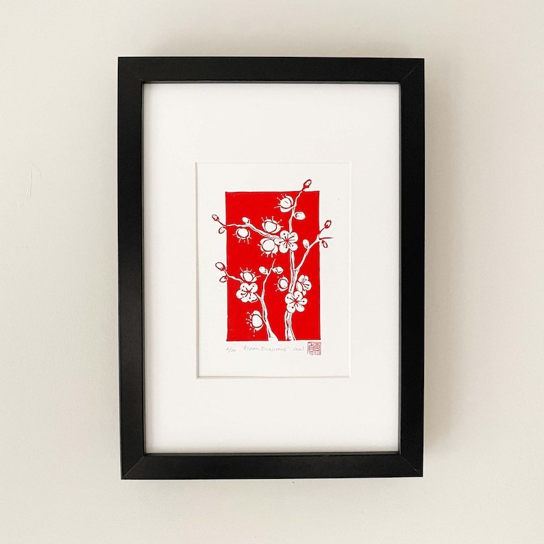 Blossom Print Original linocut print of plum blossom, botanical wall art, red floral print image 2