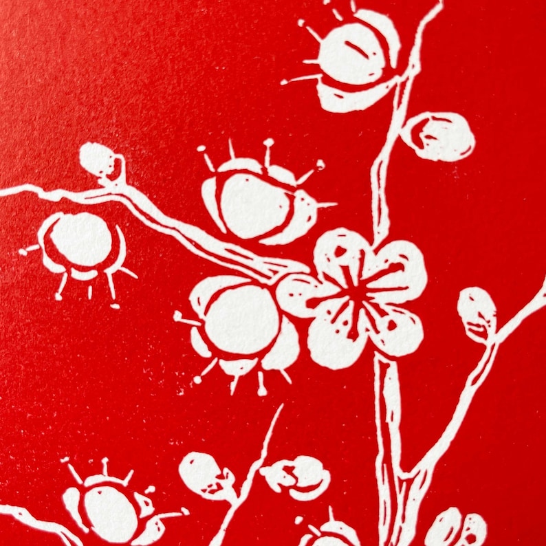 Blossom Print Original linocut print of plum blossom, botanical wall art, red floral print image 5