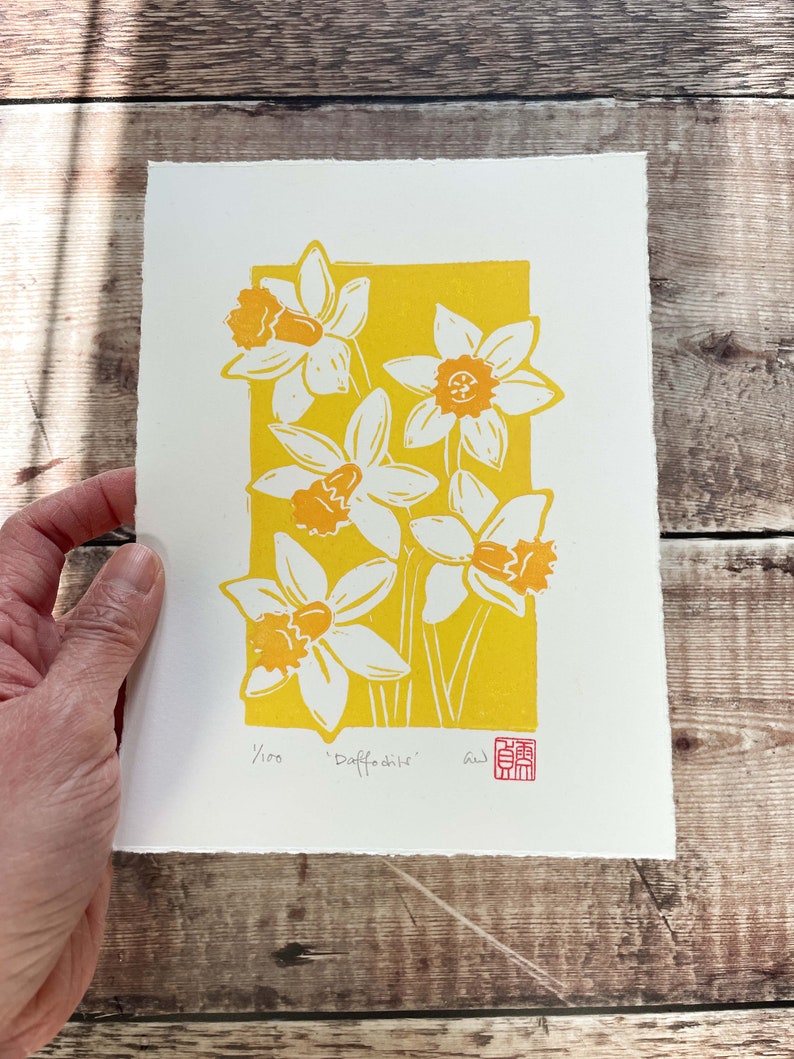 Daffodils print Original wall art, Botanical floral linocut print, March Birth Flower gift image 2