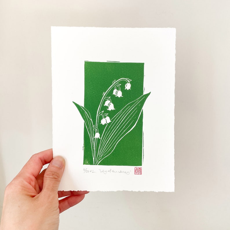 Lily of the Valley print Original art, Botanical floral linocut wall art image 3