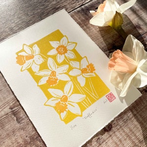 Daffodils print Original wall art, Botanical floral linocut print, March Birth Flower gift image 4