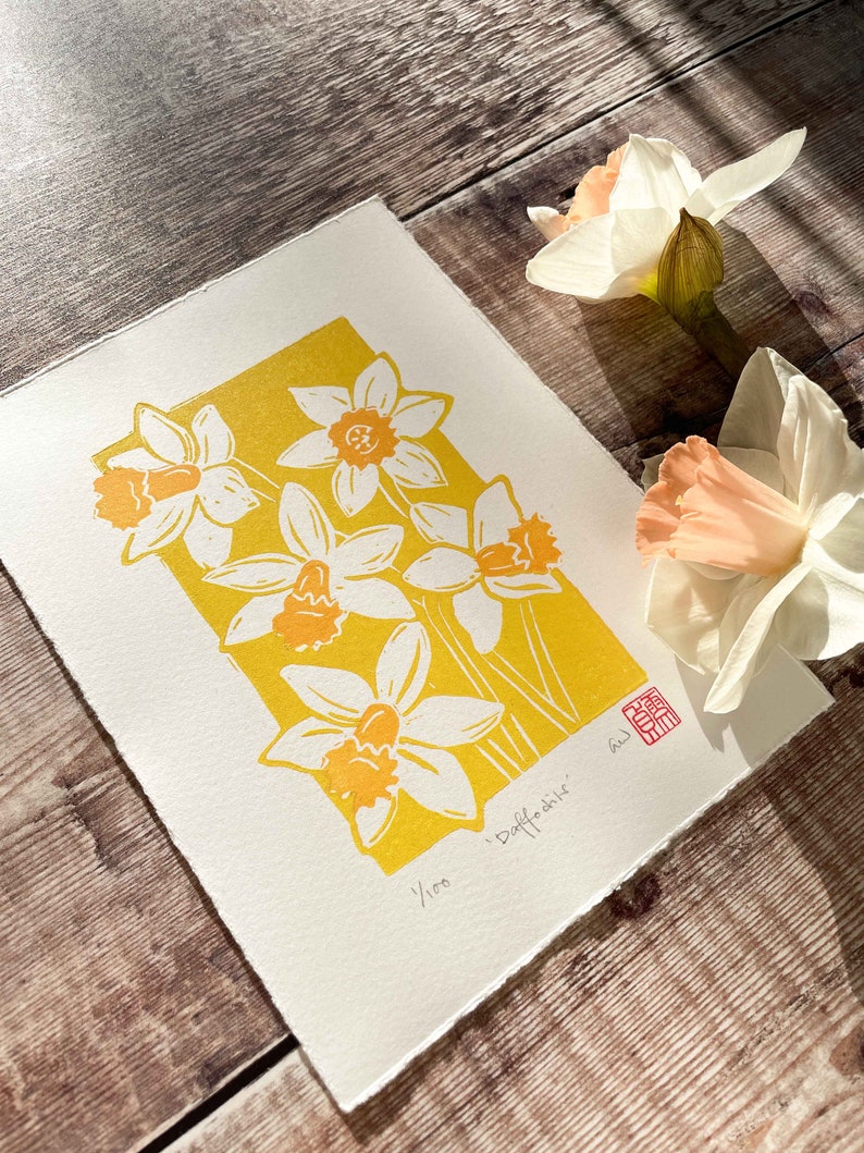 Daffodils print Original wall art, Botanical floral linocut print, March Birth Flower gift image 4
