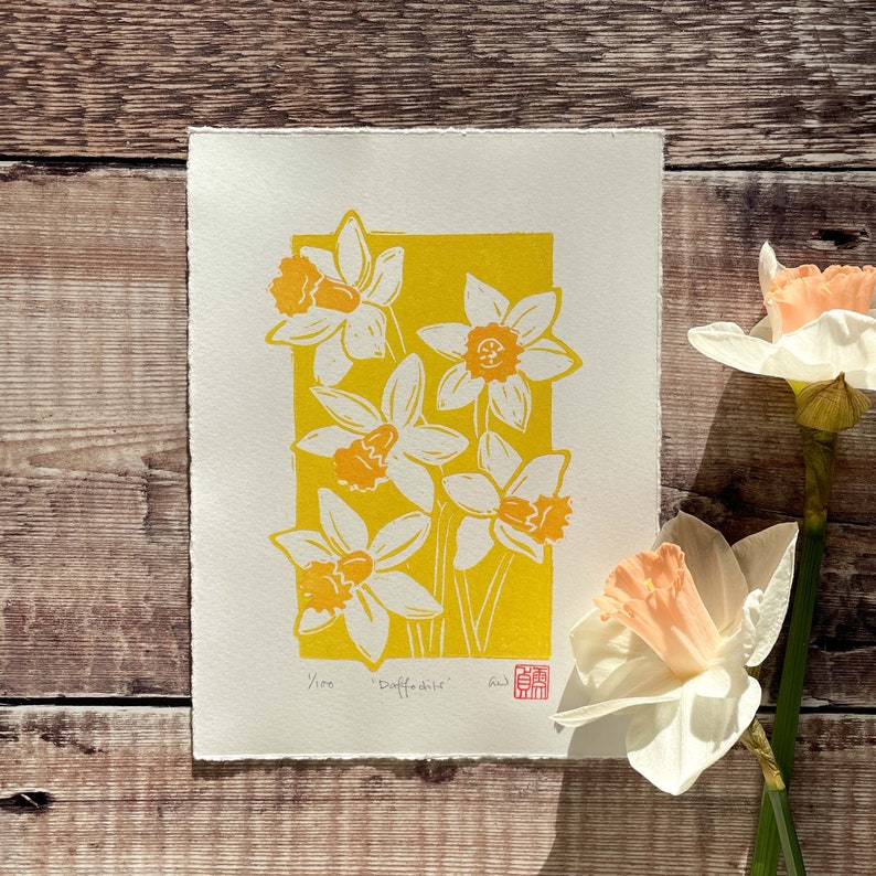 Daffodils print Original wall art, Botanical floral linocut print, March Birth Flower gift image 3