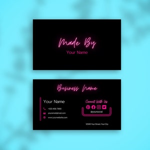 Modello di biglietto da visita al neon rosa, Canva modificabile, moderno, chic, elegante, stampabile, piccola impresa, unghie, ciglia, truccatore