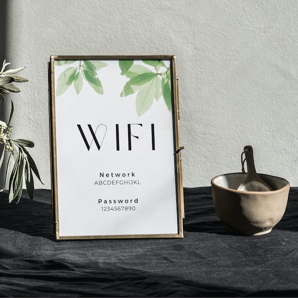 WIFI Password Sign Printable Template, Greenery Wifi Sign Digital Download, Home Decor, Airbnb, Guest Room Decor, Canva Editable, 8 Sizes