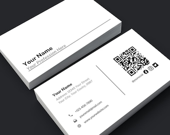 May include: A white business card with black text. The front of the card has the name "Your Name" and the text "Your Profession Here". The back of the card has the name "Your Name", an address, phone number, email address, website address, and a QR code with the text "@yoursocial".