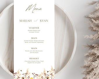 Wedding Menu Template, Boho Wildflower Menu Template, Canva Editable, Printing Menu, Bridal Shower Menu, Flowers Menu Template 4x9, DIY Menu