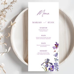 Plantilla de menú de boda color lavanda, menú imprimible, editable en Canva, tarjeta de menú lila, menú morado, menú de boda floral, menú de boda moderno, 4x9
