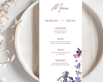 Lavender Wedding Menu Template, Printable Menu, Canva Editable, Lilac Menu Card, Purple Menu, Flower Wedding Menu, Modern Wedding Menu, 4x9